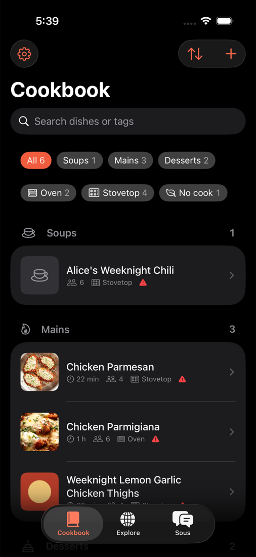 The DishFork Cookbook: recipes grouped by section, with method and time at a glance